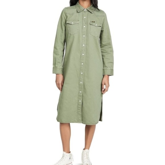 New Lee Vintage Modern Western Denim Dress Olive Green Pearl Snaps Size Medium - Picture 1 of 8
